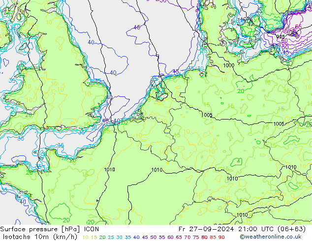 Isotachs (kph) ICON Fr 27.09.2024 21 UTC