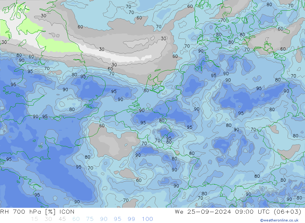 RH 700 hPa ICON Mi 25.09.2024 09 UTC