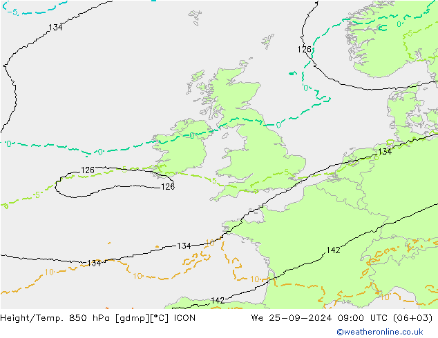 Géop./Temp. 850 hPa ICON mer 25.09.2024 09 UTC