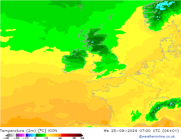 Temperature (2m) ICON We 25.09.2024 07 UTC