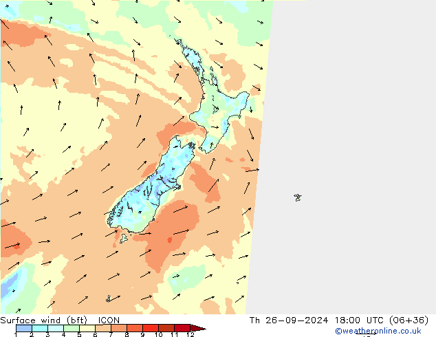 Vento 10 m (bft) ICON gio 26.09.2024 18 UTC