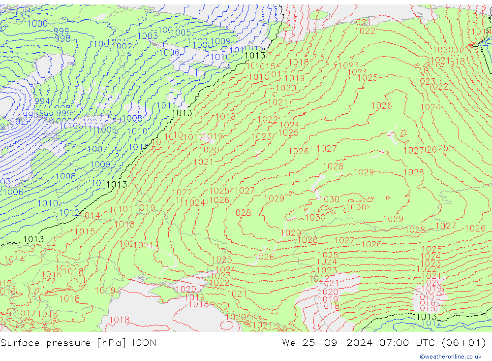 pression de l'air ICON mer 25.09.2024 07 UTC