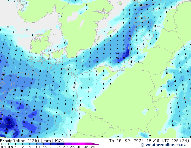 Precipitation (12h) ICON Th 26.09.2024 06 UTC