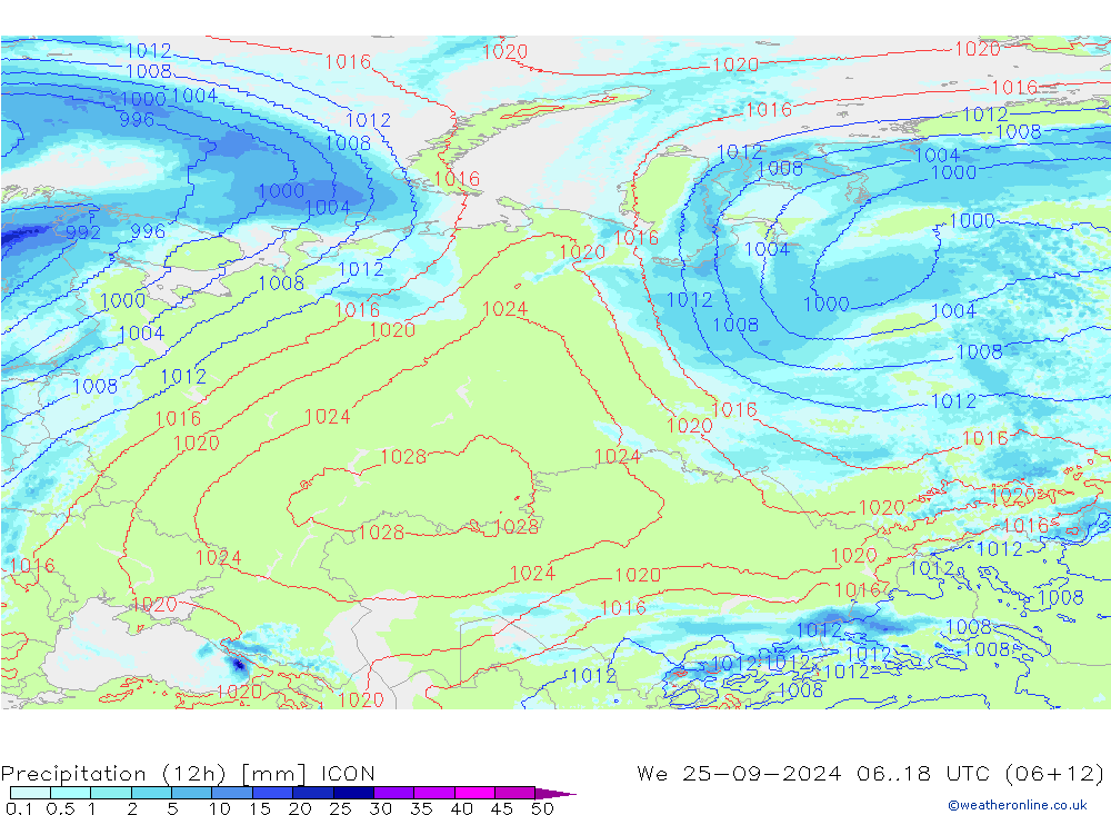 Totale neerslag (12h) ICON wo 25.09.2024 18 UTC