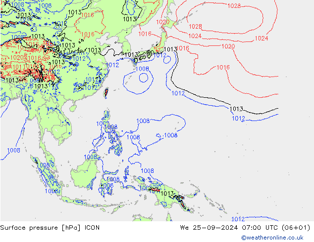 Surface pressure ICON We 25.09.2024 07 UTC