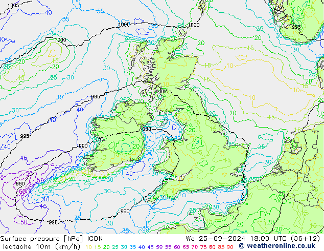 Isotachen (km/h) ICON wo 25.09.2024 18 UTC