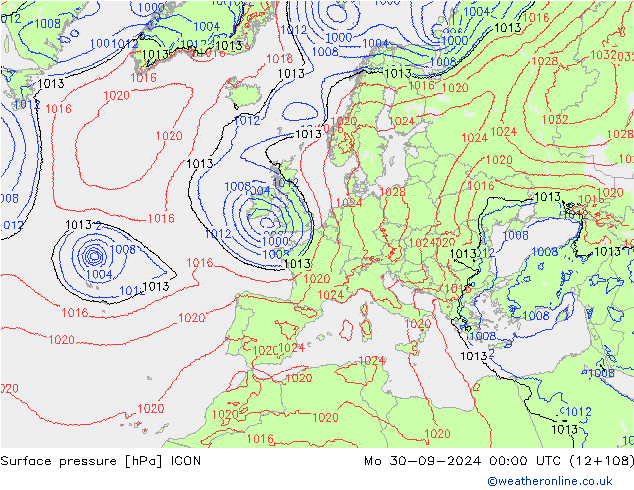 Pressione al suolo ICON lun 30.09.2024 00 UTC