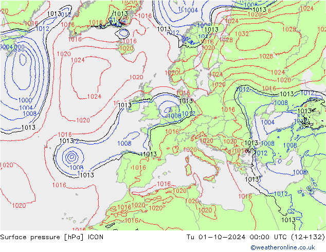 Surface pressure ICON Tu 01.10.2024 00 UTC