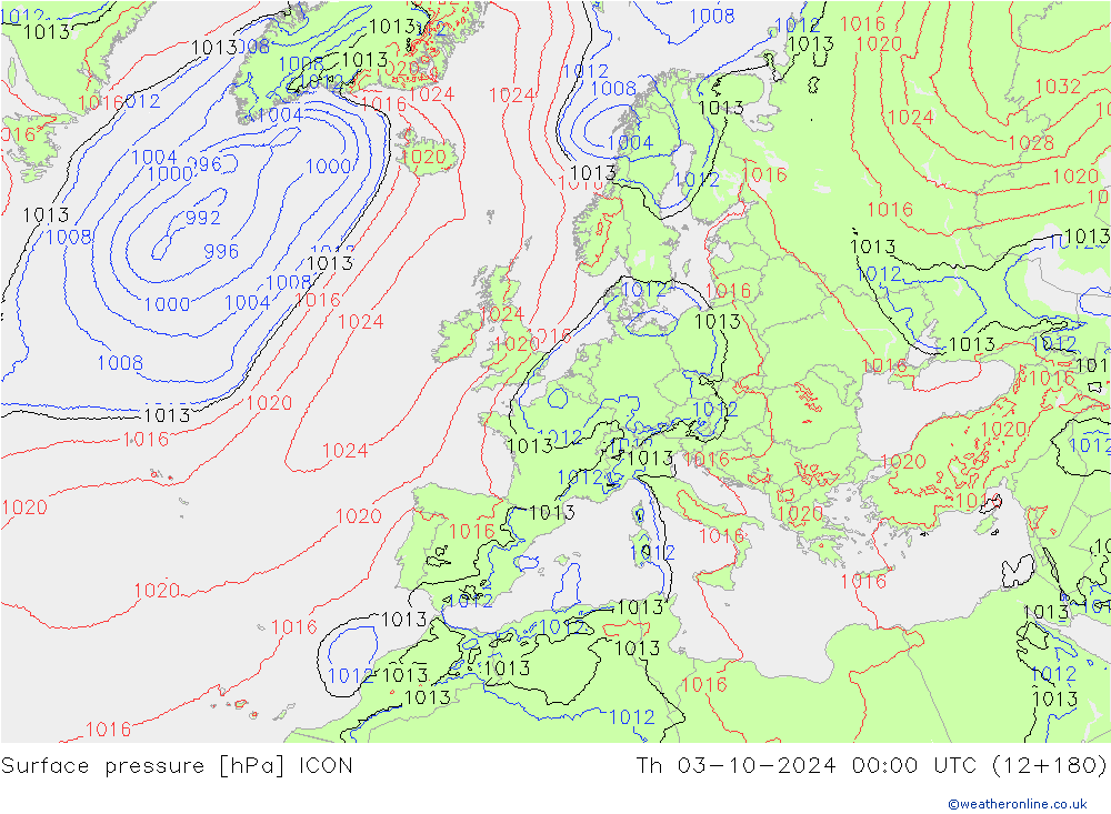 Pressione al suolo ICON gio 03.10.2024 00 UTC