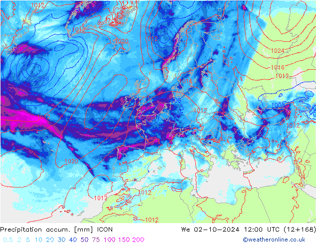 Precipitation accum. ICON śro. 02.10.2024 12 UTC