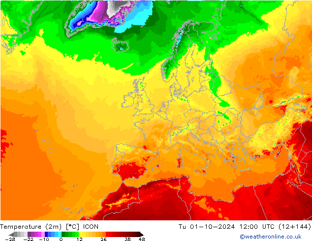 mapa temperatury (2m) ICON wto. 01.10.2024 12 UTC