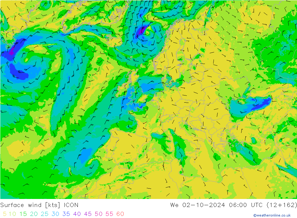 Surface wind ICON We 02.10.2024 06 UTC