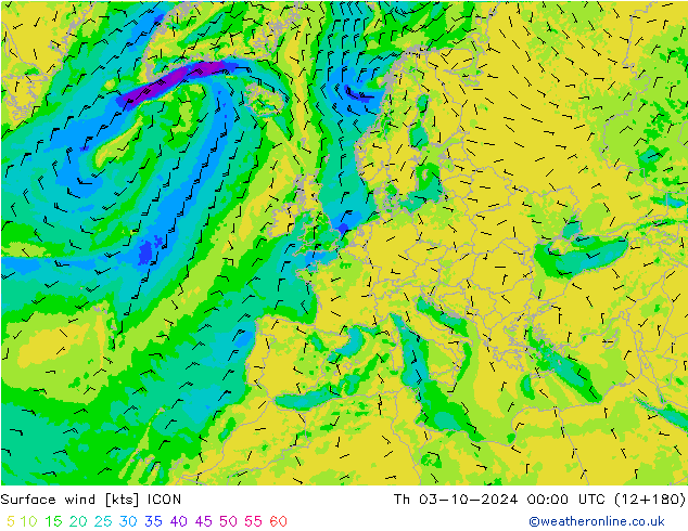 Viento 10 m ICON jue 03.10.2024 00 UTC