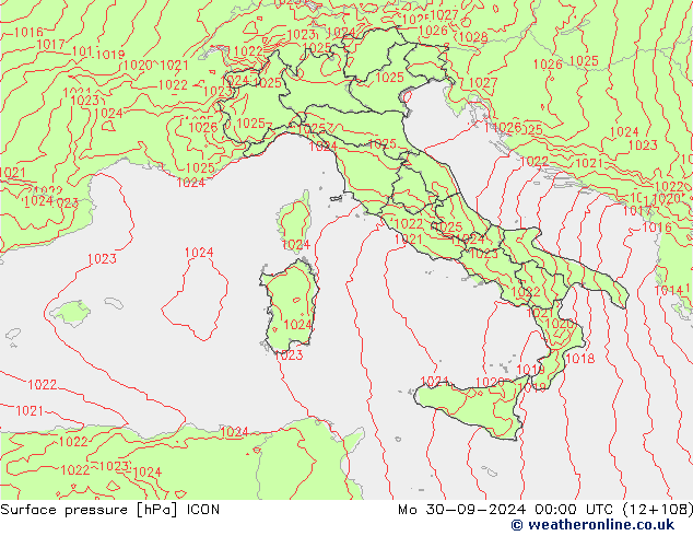 Presión superficial ICON lun 30.09.2024 00 UTC