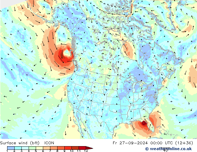 Surface wind (bft) ICON Fr 27.09.2024 00 UTC