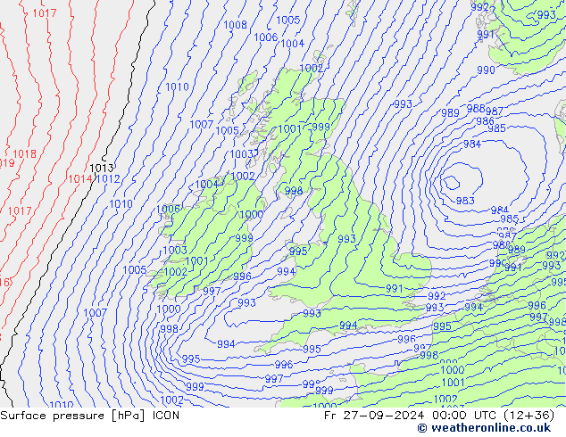 Luchtdruk (Grond) ICON vr 27.09.2024 00 UTC