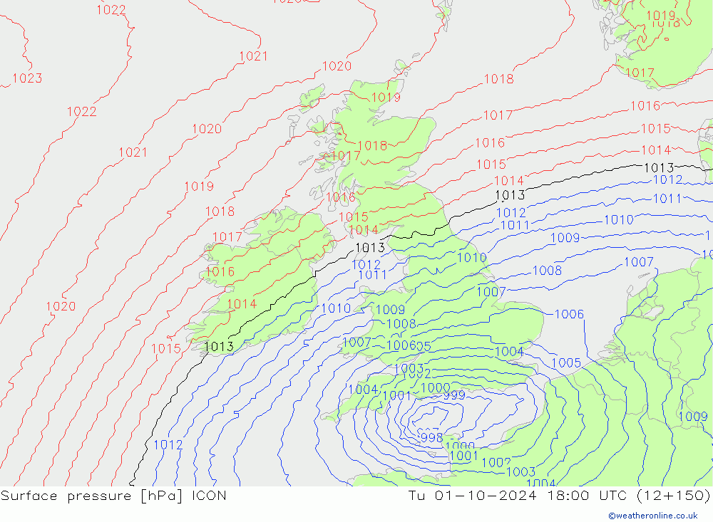 Surface pressure ICON Tu 01.10.2024 18 UTC