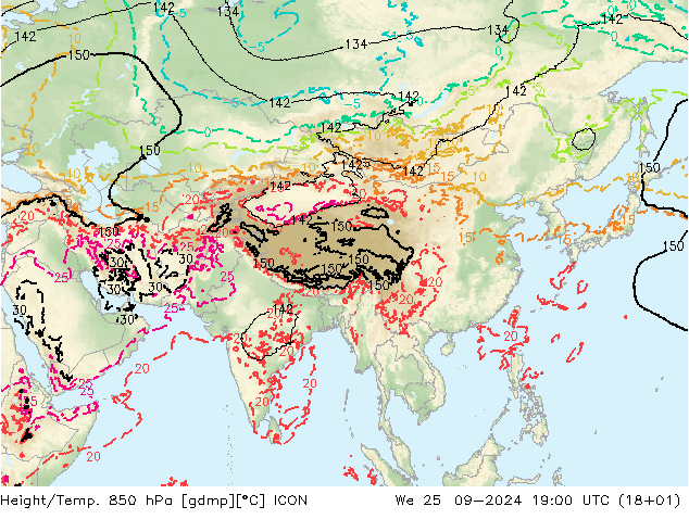 Height/Temp. 850 hPa ICON St 25.09.2024 19 UTC