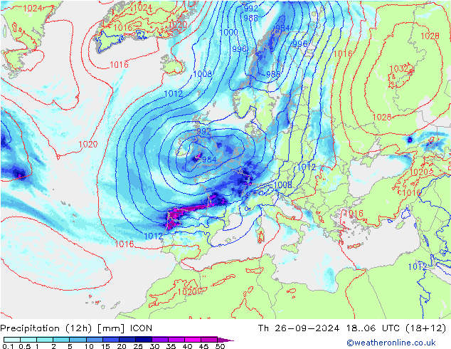 Totale neerslag (12h) ICON do 26.09.2024 06 UTC