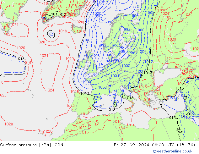 Surface pressure ICON Fr 27.09.2024 06 UTC