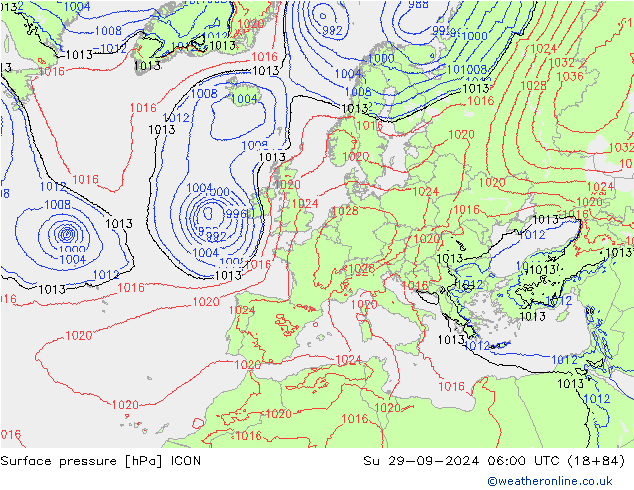 Surface pressure ICON Su 29.09.2024 06 UTC