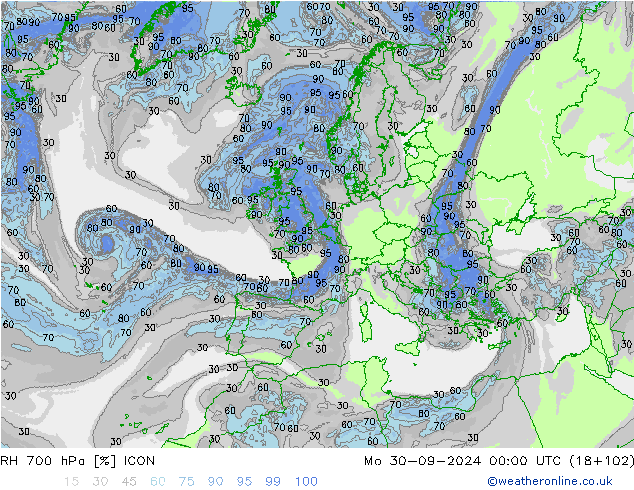 RH 700 гПа ICON пн 30.09.2024 00 UTC