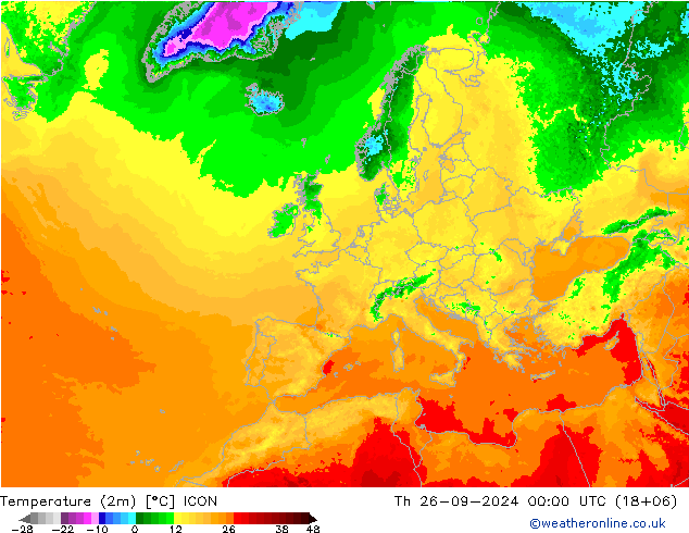 mapa temperatury (2m) ICON czw. 26.09.2024 00 UTC