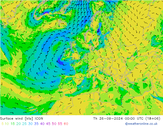 Viento 10 m ICON jue 26.09.2024 00 UTC