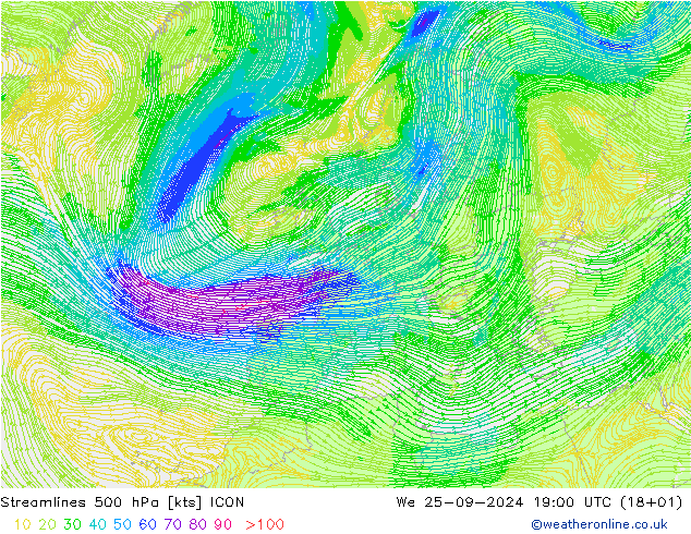 Stroomlijn 500 hPa ICON wo 25.09.2024 19 UTC