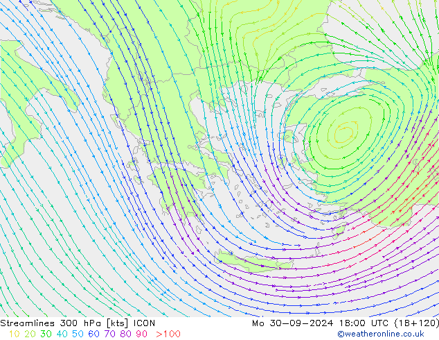 Streamlines 300 hPa ICON Po 30.09.2024 18 UTC