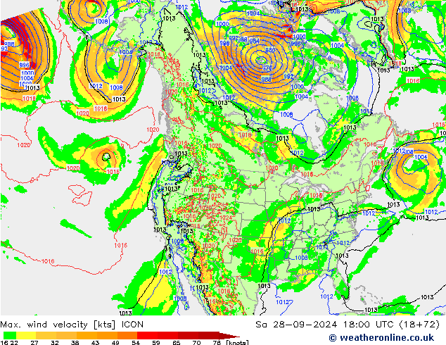 Max. wind velocity ICON Sáb 28.09.2024 18 UTC