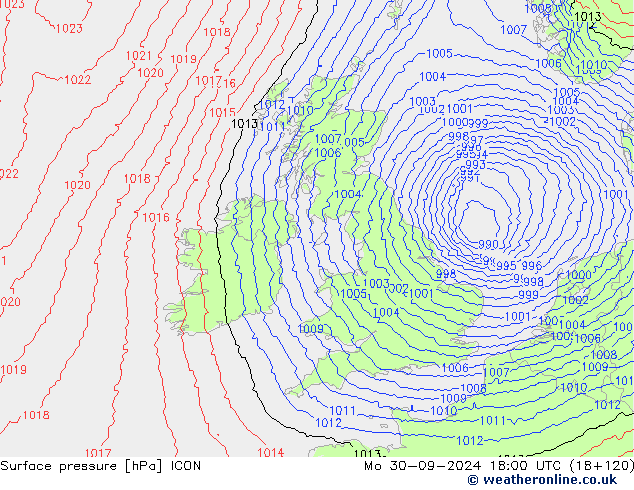 Surface pressure ICON Mo 30.09.2024 18 UTC