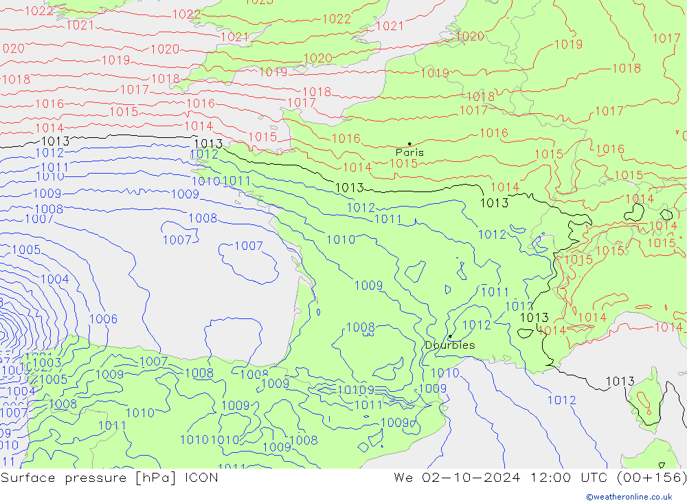 Surface pressure ICON We 02.10.2024 12 UTC