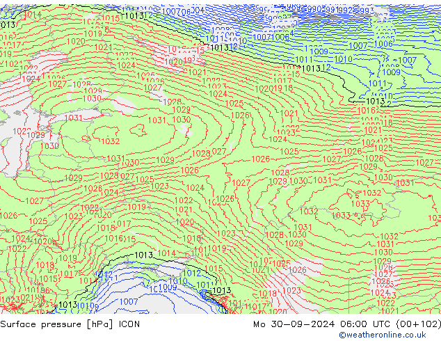 Atmosférický tlak ICON Po 30.09.2024 06 UTC