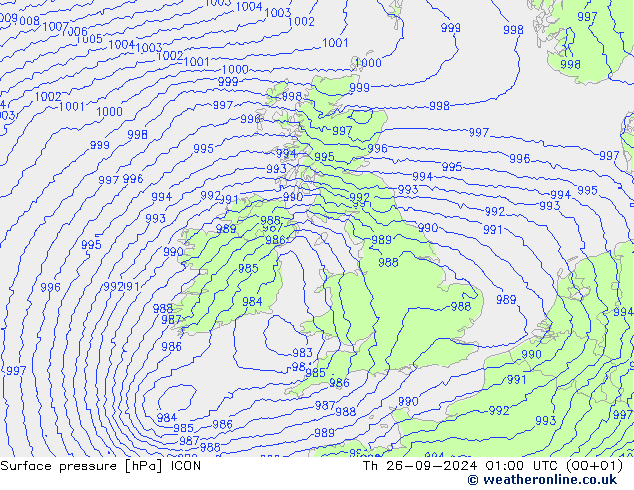 Surface pressure ICON Th 26.09.2024 01 UTC