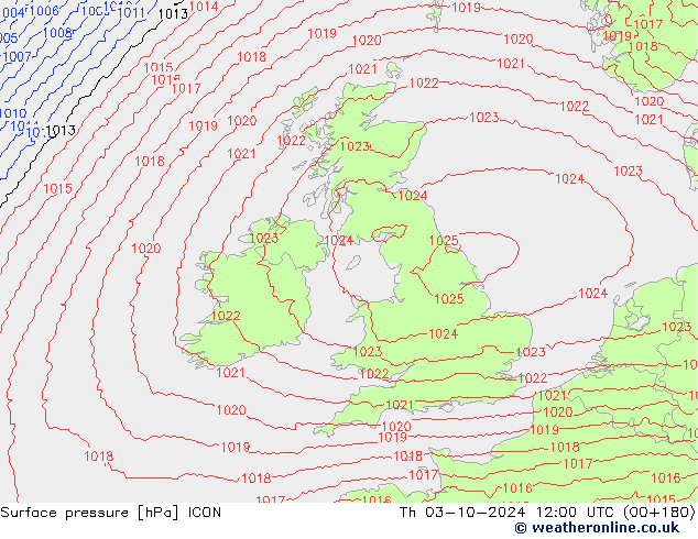 Surface pressure ICON Th 03.10.2024 12 UTC