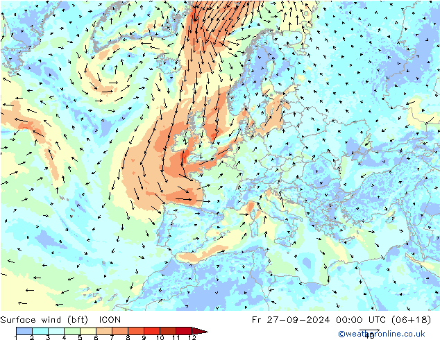 Surface wind (bft) ICON Fr 27.09.2024 00 UTC