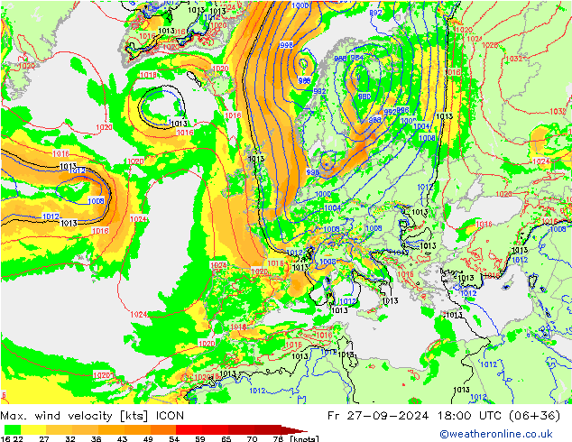 Max. wind velocity ICON Fr 27.09.2024 18 UTC