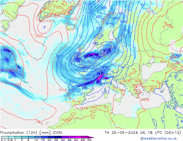 Precipitation (12h) ICON Čt 26.09.2024 18 UTC