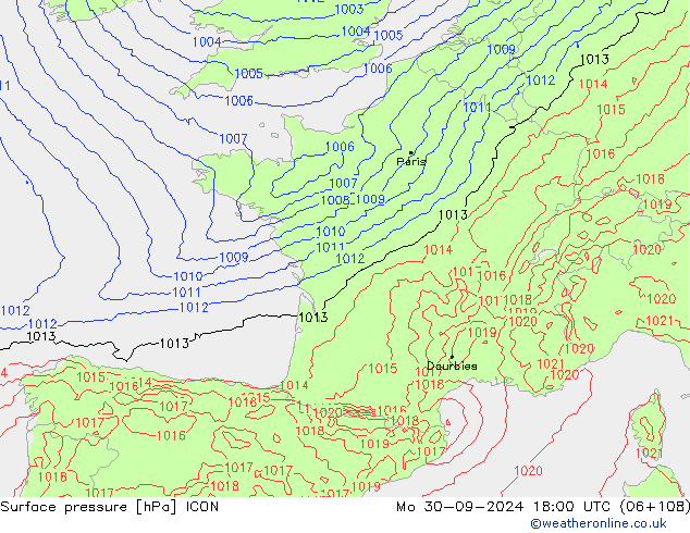 Surface pressure ICON Mo 30.09.2024 18 UTC