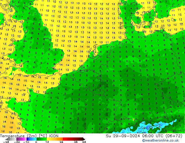 Temperatuurkaart (2m) ICON zo 29.09.2024 06 UTC