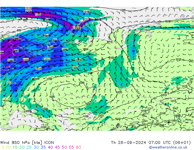 Vento 850 hPa ICON Qui 26.09.2024 07 UTC