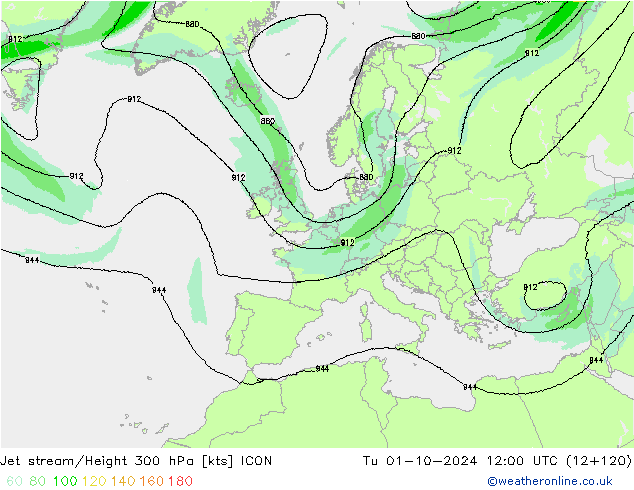 Jet stream/Height 300 hPa ICON Út 01.10.2024 12 UTC