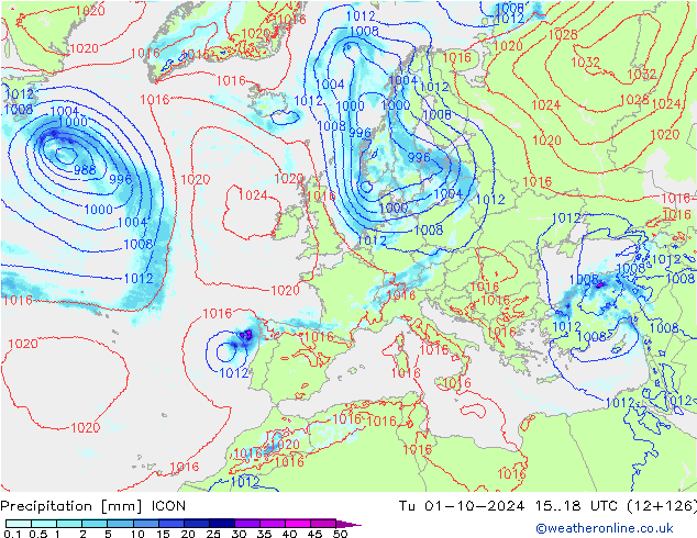 Neerslag ICON di 01.10.2024 18 UTC