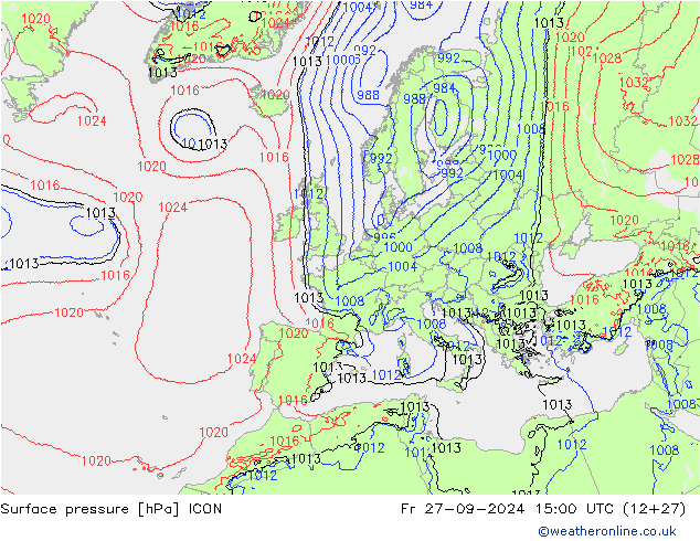 Luchtdruk (Grond) ICON vr 27.09.2024 15 UTC