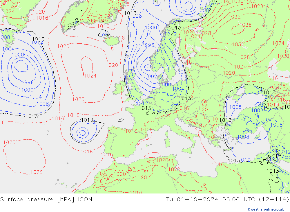 Surface pressure ICON Tu 01.10.2024 06 UTC