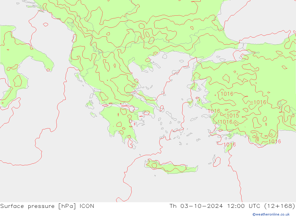 Surface pressure ICON Th 03.10.2024 12 UTC