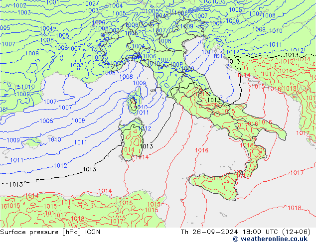 Pressione al suolo ICON gio 26.09.2024 18 UTC