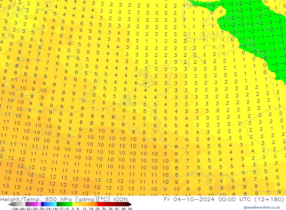 Height/Temp. 850 hPa ICON Pá 04.10.2024 00 UTC