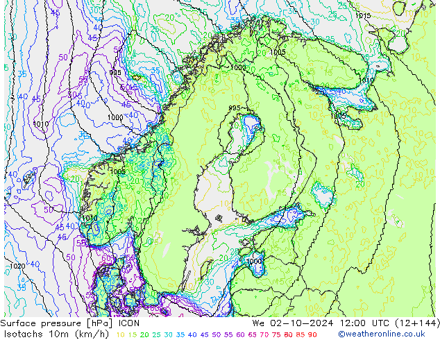 Isotachen (km/h) ICON wo 02.10.2024 12 UTC